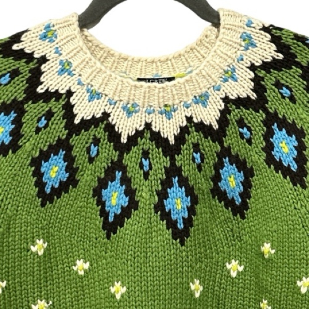 J. Crew Hand knit Fair Isle Crew Neck Sweater Angora Cashmere Wool Blend Green L - Picture 2 of 9